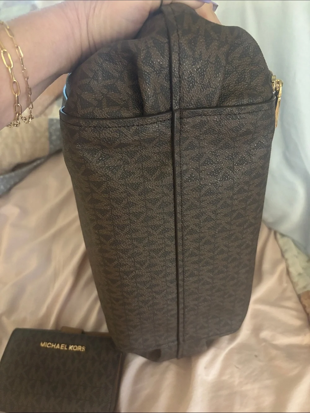 Michael Kors Brown Logo Shoulder Tote with Tan Trim and Gold Hardware